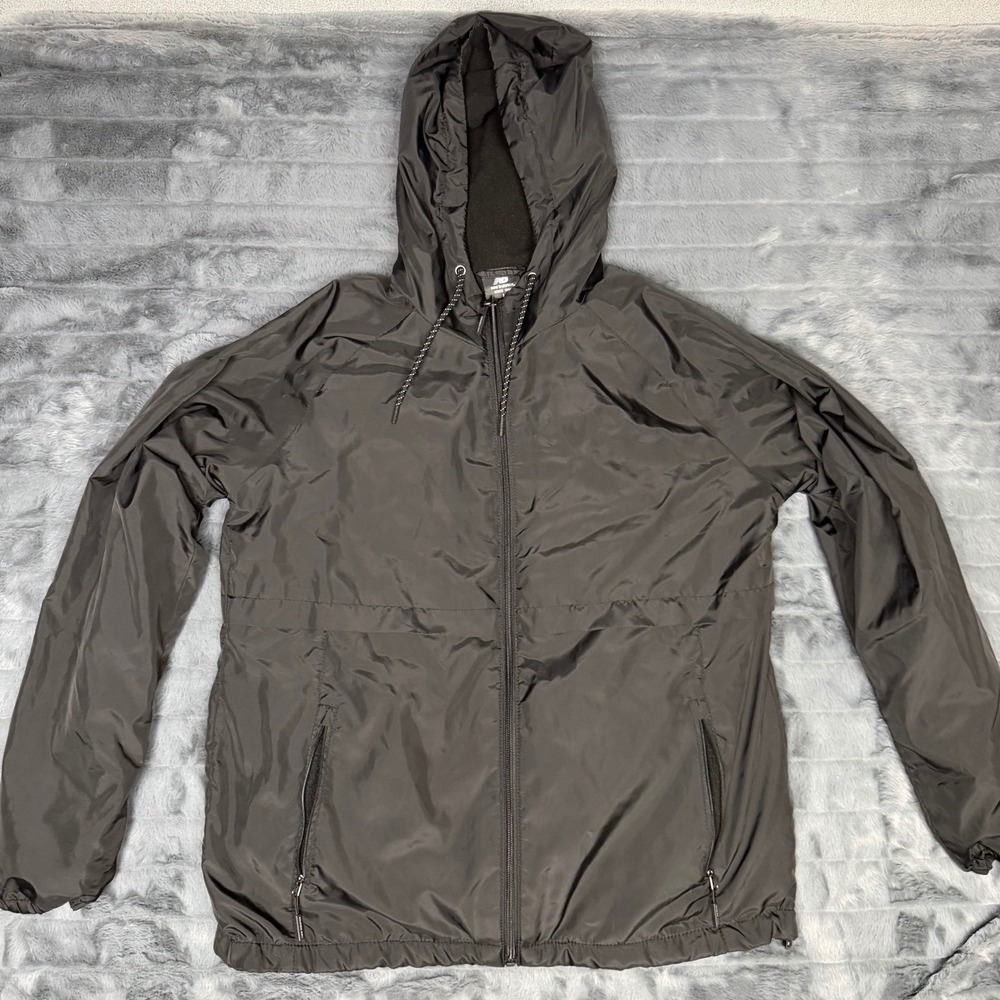 New Balance Mens Black Hooded Windbreaker Fleece Lined Full Zip Jacket Large L